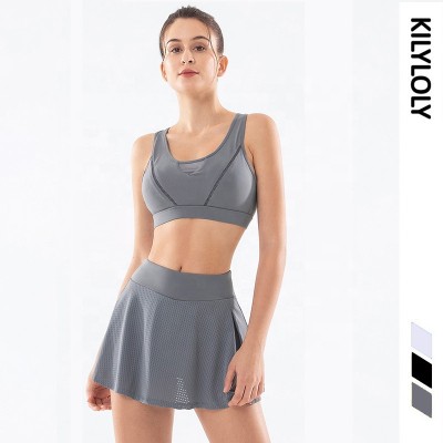 Grey yoga outfit shirt suit women's seamless shock proof fitness bra high waist butt lift short skirt, two-piece running suit