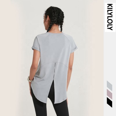 2020 New Short Sleeve Yoga shirt Womens Slit Back Quick dry Fit sports firness t-shirt sexy gym clothes tops